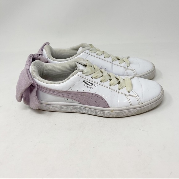PUMA Women’s BASKET SUEDE BOW Sneakers White Patent Winsome Orchid Lavender - Picture 3 of 11
